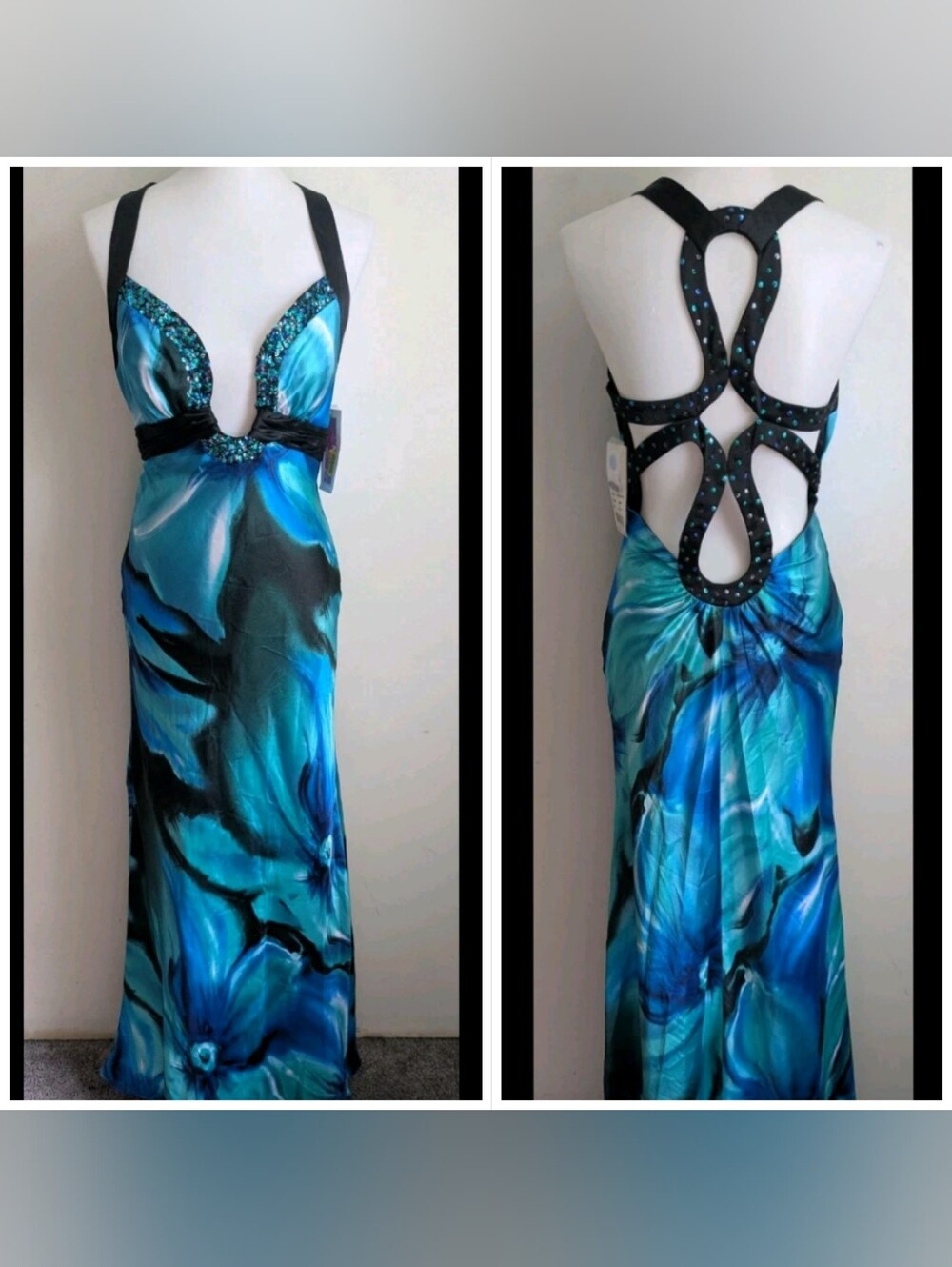 NEW Y2K Adrianna Papell Satin Bias Cut Evening Dress Gown Beaded Open Back 10